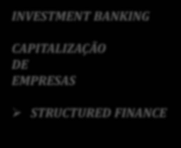 INVESTMENT BANKING CAPITALIZAÇÃO DE EMPRESAS STRUCTURED FINANCE DÍVIDA ESTRUTURADA Debêntures Simples e Conversíveis Cédulas de Crédito Bancário Empréstimos Estruturados em Geral SECURITIZAÇÃO