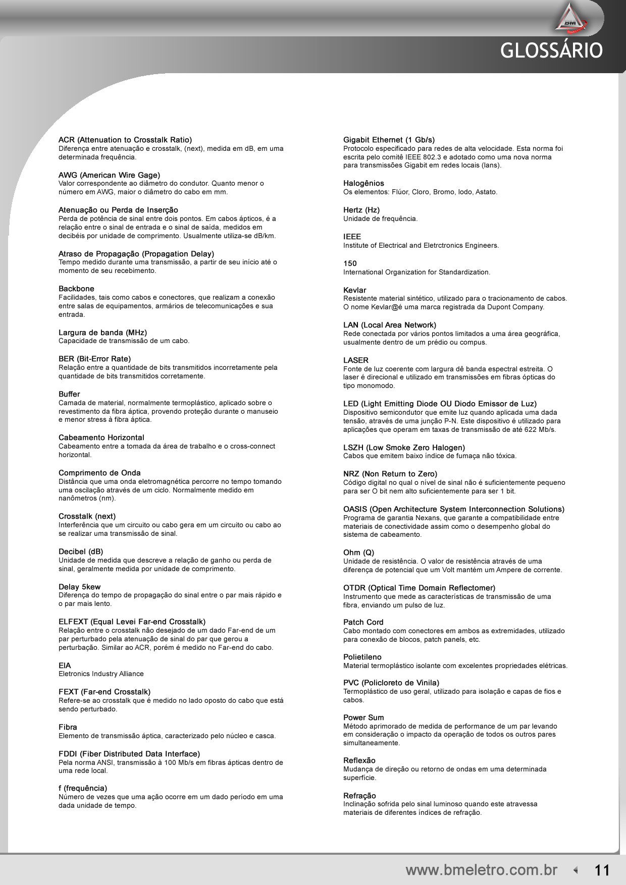 GLOSSÁRIO ACR (Attenuation to Crosstalk Ratio) Diferença entre atenuação e crosstalk, (next), medida em db, em uma determinada frequência.