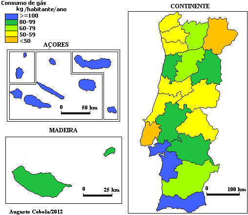 Consumo médio anual de gás (butano e propano) por habitante, por distrito/região autónoma, 2010 Em 2010, o consumo médio anual de gás (butano e propano) por distrito oscilou entre o máximo de 118