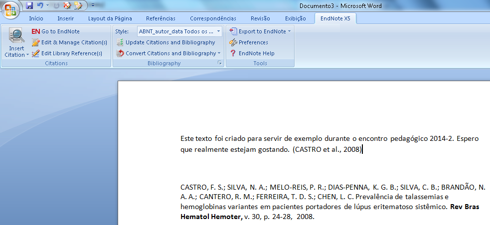 6) Citando e Criando as Referências Bibliográficas 6.1 - Escreva o texto normalmente utilizando o Word. 6.2 - Selecione no EndNote a referência que irá utilizar naquela frase ou parágrafo.