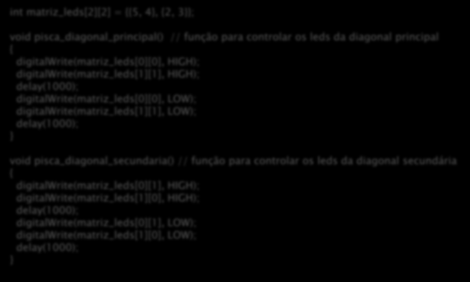 Modularizando um Programa funções Exemplo: programa para acionar 4 (quatro) leds usando funções (dispostos em matriz) int matriz_leds[2][2] = {{5, 4, {2, 3; void pisca_diagonal_principal() // função