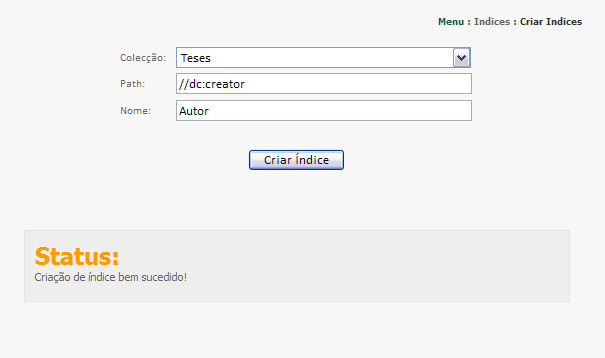 Sistema para gestão de repositórios XML para bibliotecas digitais 57 Figura 14 - Interface - Criação de parâmetros para indexação 4.4.8.