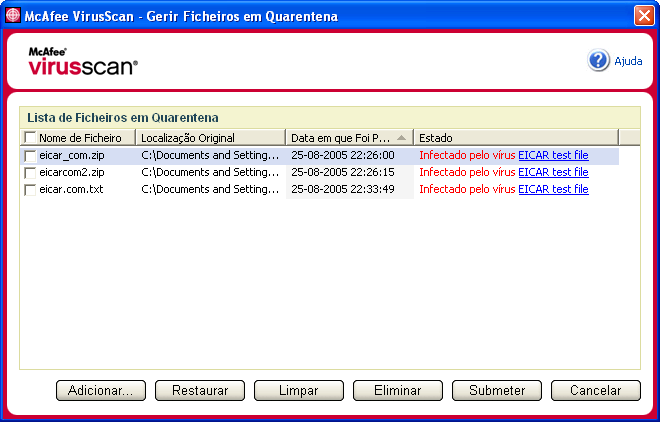 Utilizar o McAfee VirusScan É apresentada uma lista de ficheiros em quarentena (Figura 2-12). Figura 2-12.