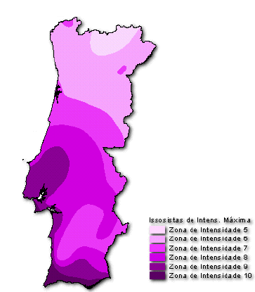 3. Caso de estudo Figura 11 Distribuição de isossistas de intensidade máxima de Portugal Continental (Fonte: Relatório de sondagens GeoRumo) A sismicidade de Portugal Continental não é uniforme em