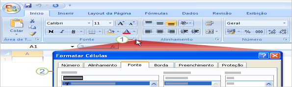 Mais opções, se precisar delas Figura 6 Comando Início Clique na seta na parte inferior de um grupo para obter mais opções se precisar delas. 1 Clique na seta no grupo Fonte.