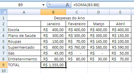 Exemplo: Utilizando a mesma planilha da casa do Senhor Jorge, calculemos neste momento os totais de cada mês no fim da planilha.