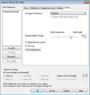 Quando pretender usar as definições de multistream para digitalização, selecione a caixa de verificação [Use MultiStream] [Usar MultiStream] no separador [Outros] para apresentar os itens de