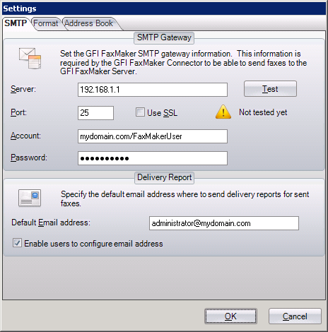 Screenshot 81: Configurações SMTP do conector do GFI FaxMakerNuance ecopy ShareScan 4.
