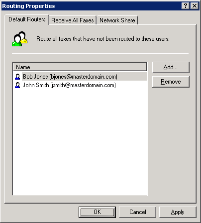 Screenshot 94: Propriedades de roteamento Especificar roteadores de fax padrão 2. Selecione a guia Default Routers. 3.