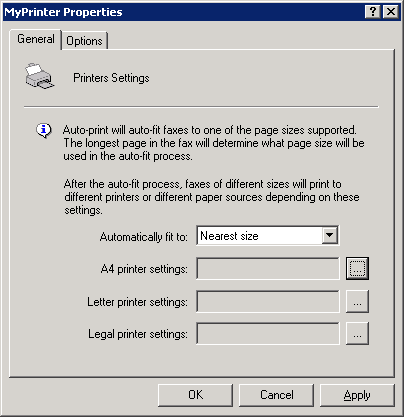 Screenshot 96: Configurar impressoras 2. A partir da guia General, especifique como o GFI FaxMaker deve redimensionar os faxes recebidos e as impressoras a usar para determinados tamanhos de papel.