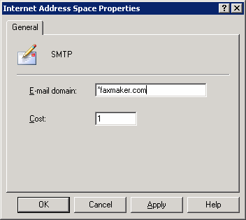 Screenshot 3: Especificar faxmaker.com 9. Na caixa de diálogo Internet Address Space Properties, digite *faxmaker.com na caixa de texto E-mail domain. Clique em OK.