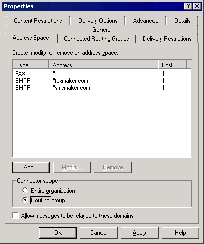 Screenshot 4: A guia de espaço de endereço 9. Na seção Connector scope, selecione Routing group. 10. Clique em OK para criar o conector.