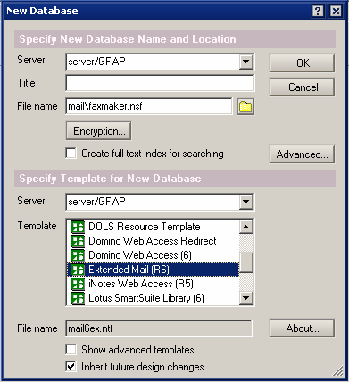3.2.3 Servidor Lotus Domino/Notes 6 Etapa 1: Criar um banco de dados de caixa de correio no servidor Domino Screenshot 11: Criar um novo banco de dados 1.