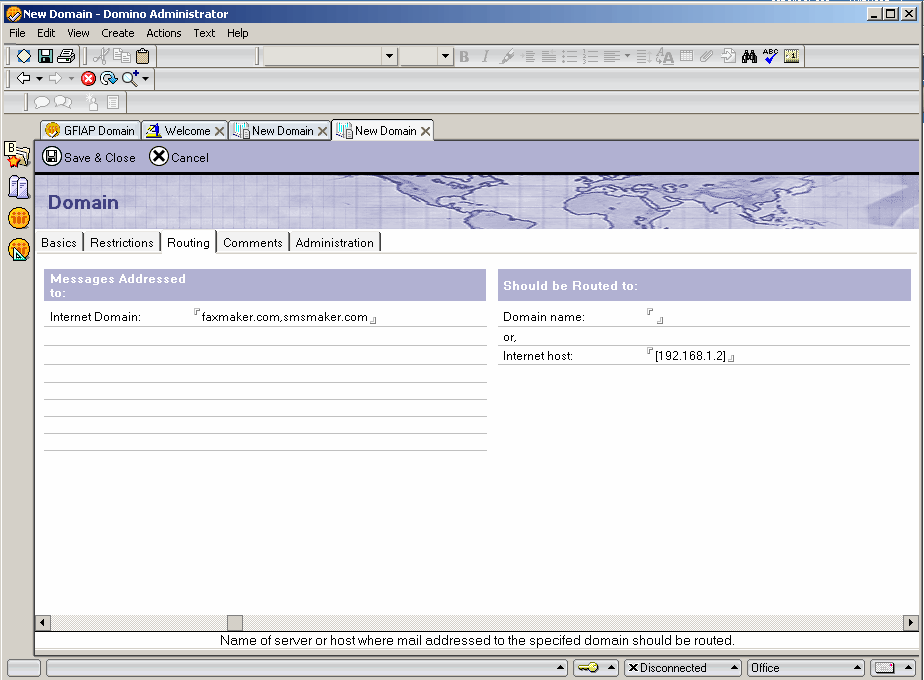Screenshot 20: Ajustar as configurações de roteamento 7. Na seção Should be Routed to, configure o Internet host para o endereço IP (entre [ ]) ou o nome do servidor do GFI FaxMaker. 8.