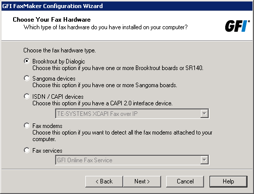 Screenshot 26: Selecionar o tipo de hardware de fax a ser usado com o GFI FaxMaker 5. Selecione os dispositivos de fax a usar com o GFI FaxMaker.