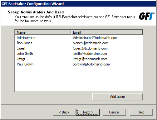 Screenshot 27: Especificar usuários 6. Especifique os usuários e administradores do GFI FaxMaker.