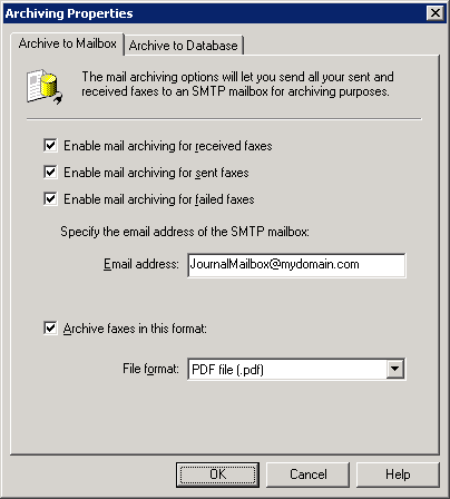 Send fax copies to an email address As cópias de faxes transmitidos, recebidos e/ou falhados são enviadas por email para uma caixa de correio.