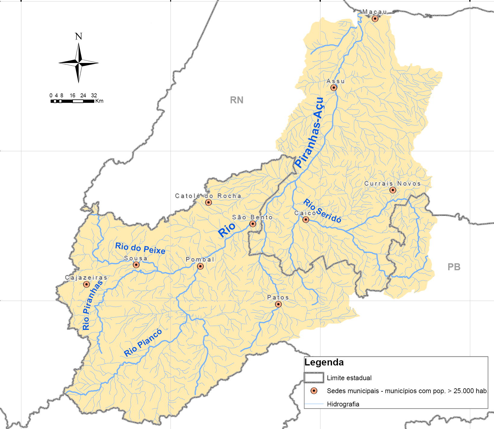 Figura 2 Mapa esquemático da bacia hidrográfica do rio Piranhas-Açu. 4.3. SOCIOECONOMIA A Bacia abrange, completa ou parcialmente, 147 municípios sendo 102 na Paraíba e 45 no Rio Grande do Norte.
