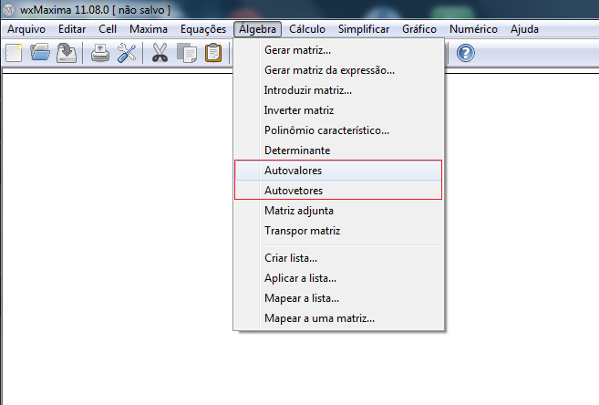 1.9 Autovalores e Autovetores Um recurso muito requisitado na álgebra linear são os Autovalores e Autovetores, o wxmaxima consegue calcular tais valores pelos comando `eigenvectors();' que calcula o