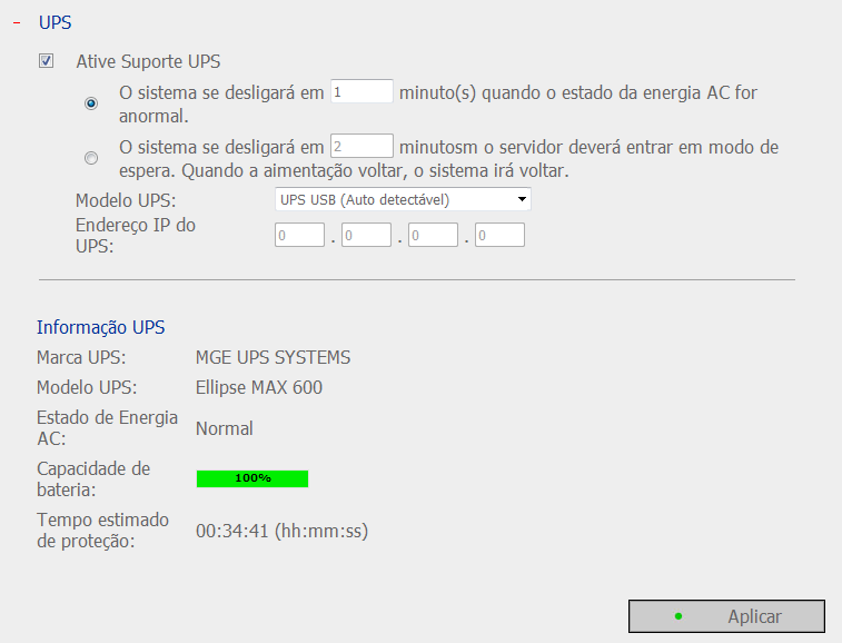 6.4.4 UPS Se houver um UPS, poderá activar o suporte UPS. Se a alimentação AC for normal, o sistema será encerrado de acordo com as definições.