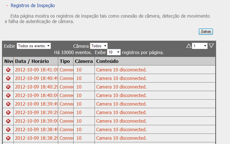 6.8.2 Registos de Vigilância Esta página apresenta os registos de vigilância tais como a ligação da câmara, a