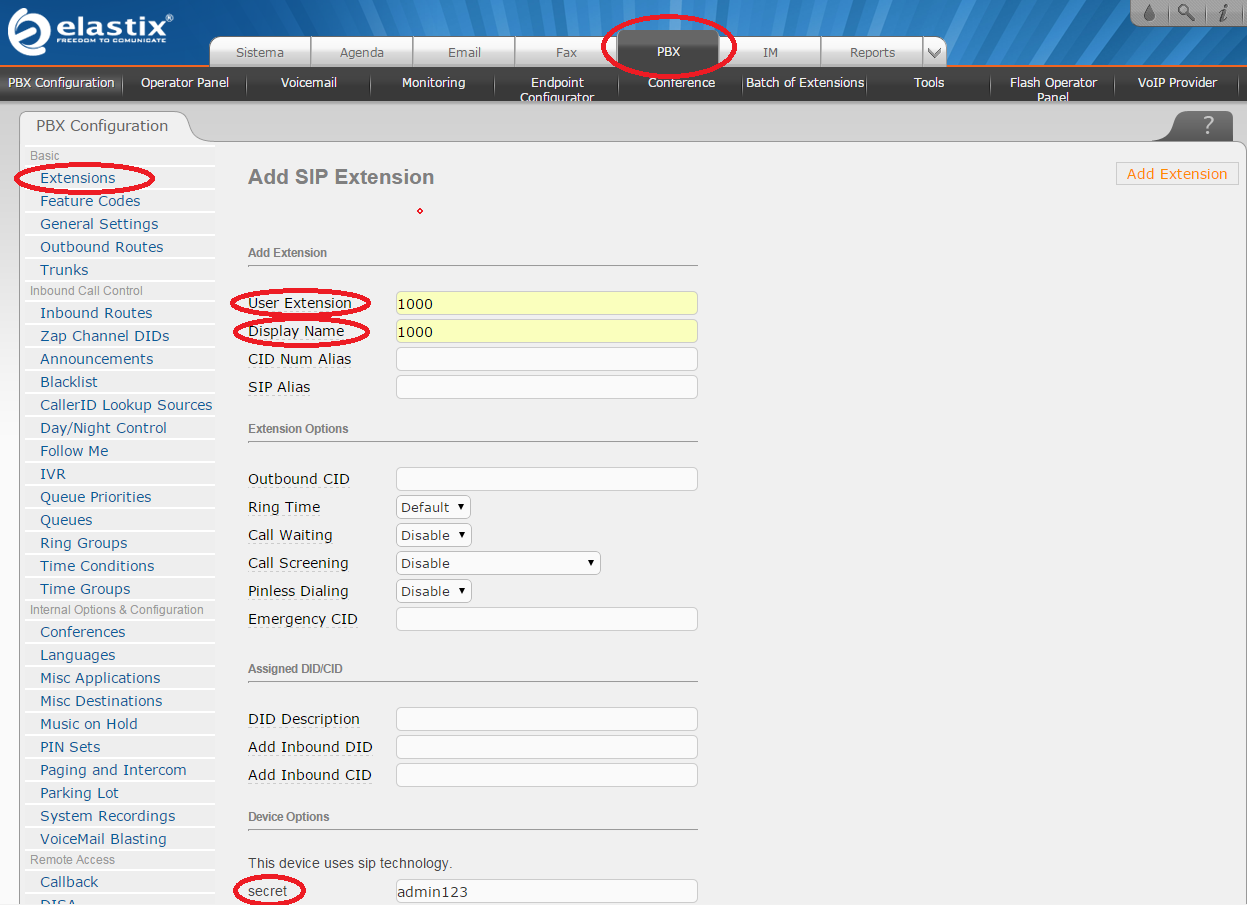 Em User Extension digite 1000; Em Display Name preencha com o nome que será atribuído a esta conta, neste exemplo também será 1000; Secret: admin123 senha para registrar-se à