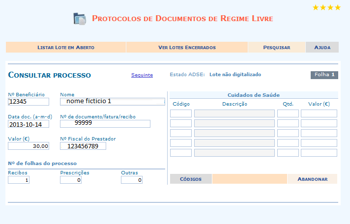 Consultar um processo do lote 208: Clicando no botão, correspondente ao beneficiário 12345, é possível consultar o processo que foi numerado pelo sistema, folhas 1 (ver imagem abaixo).