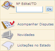 Menu da Direita Na área à direita da página Principal estão disponíveis: consultas pelo número da licitação; acompanhamento das sessões públicas andamento, permite acompanhar em tempo real (on-line):