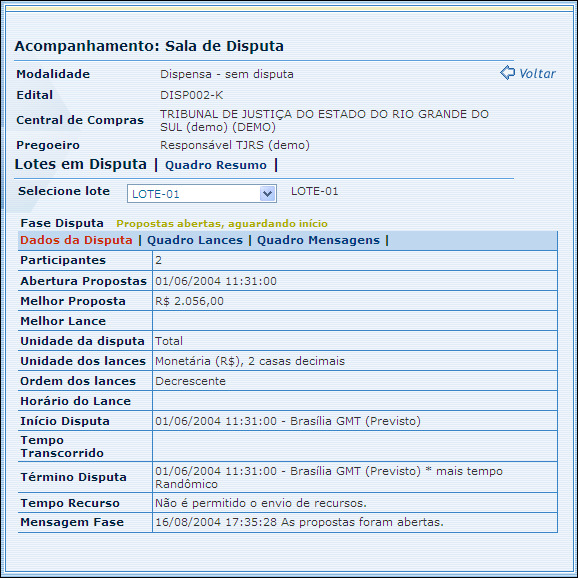 Você pode navegar nas diversas guias (Dados da Disputa, Quadro de lances ou Quadro de Mensagens) para obter informações