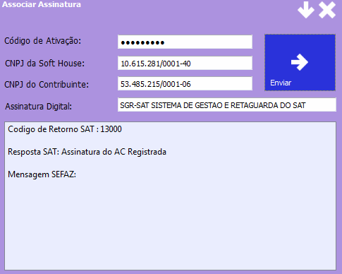 12 Associar Assinatura 12.1 Associar Assinatura. O contribuinte deverá associar a assinatura do Aplicativo Comercial com o SAT através dessa função.