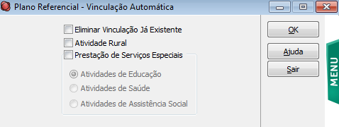 4.2. Vinculação Automática do Plano de Contas Em Módulos/SPED/Plano Referencial/Vinculação Automática vincule as principais contas do Plano Referencial ao Plano de Contas da empresa de acordo com a