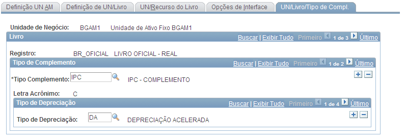 Página UN/Livro/Tipo de Compl. Tipo do Complemento Tipo de Complemento Selecione o Tipo de Complemento para os livros desta unidade de negócio.