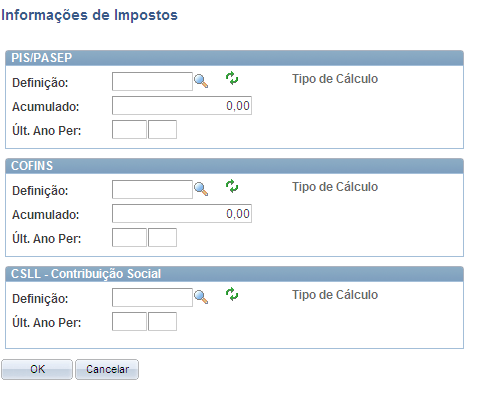 Status Informações de Impostos Verifique o status do controle de CIAP. Selecione este vínculo para acessar a página Informações de Impostos, para cadastrar as informações sobres os impostos do Ativo.