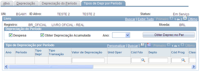 Página Deprecição de Ativ Valor Contábil Líquido Nesta página serão exibidos os detalhes da Depreciação por ano.