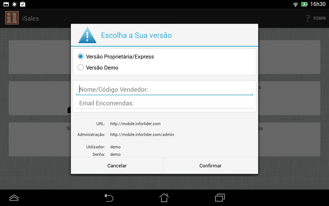 Aplicação A primeira vez que inicia a aplicação têm a possibilidade de determinar se apenas quer uma versão demo experimental, sendo que os dados estão visíveis em http://mobile.inforlider.
