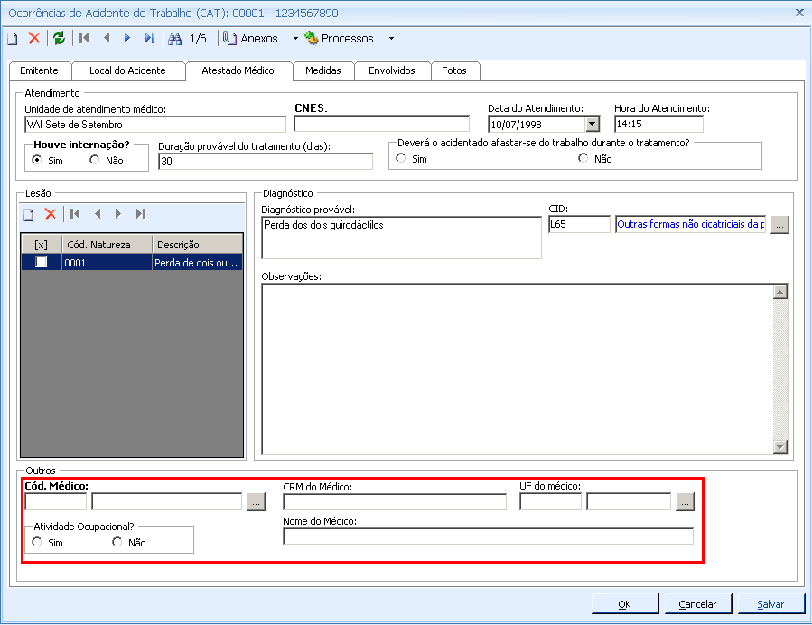 Na aba Atestado médico os novos campos são Cód. Médico, CRM do Médico, UF do Médico, Nome do Médico, todos referentes ao cadastro de Profissional da Saúde.