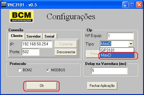 Após configurar a conexão, clica-se no botão conectar. Caso a conexão seja bem sucedida, estará disponível o tipo de equipamento a ter teclado e display emulado.