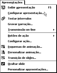 2. No menu Apresentações escolha Transição de slides... Surgirá o painel de tarefas com a página Transição de slides.