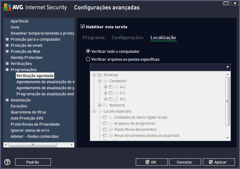 Na guia Localização, você pode definir se deseja programar a verificação de todo o computador ou a verificação de arquivos e pastas.