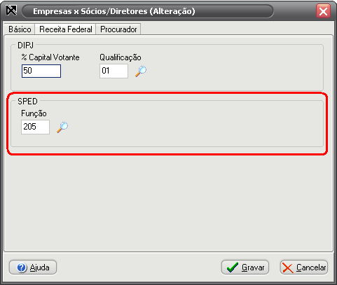 Na aba Receita Federal, temos que vincular o Percentual de Capital Votante, a Qualificação do Sócio e para geração do Arquivo SPED, temos que vincular o Código da função do mesmo. OBS.