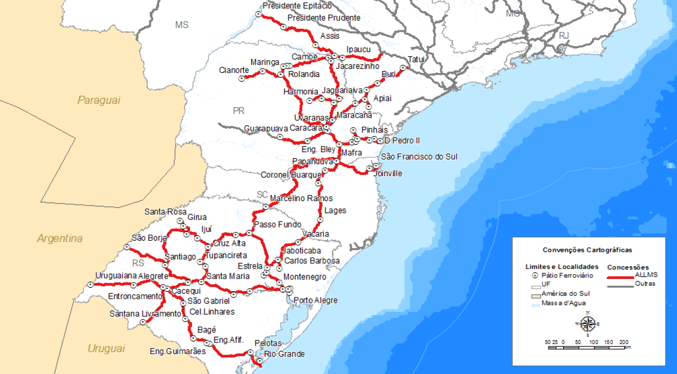 A linha entre General Luz e Porto Alegre está integrada à malha sul da concessionária ALL disponível na região Sul do país e também no estado de São Paulo, conforme mapa a seguir.