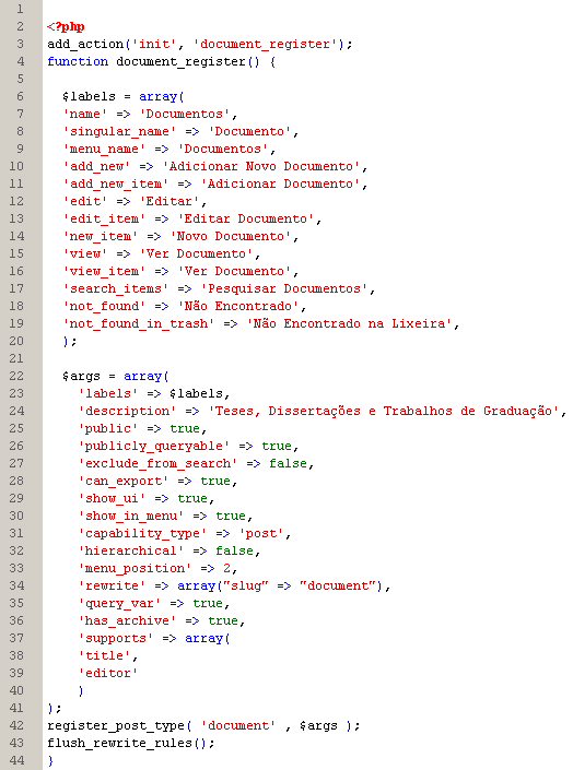 46 Figura 3: Código da criação e registro do Tipo de Conteúdo Customizado Document O código entre as linhas 7 e 19 da Figura 3, recebem valores que serão exibidos na interface do usuário em rótulos