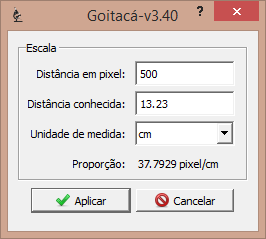 Resultado e Discussão 120 Figura 4.9 Definição de escala no Goitacá. Assim que a escala é definida, são inseridas sobre a imagem duas caixas na cor verde, com textos na cor amarelo.