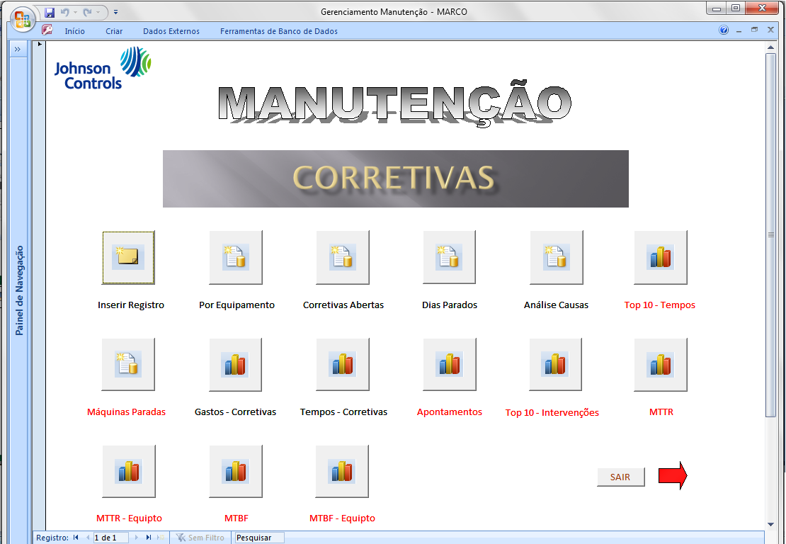 Screenshots Corretivas Tela Inicial - Registros de Corretivas (Ocorrências) - Gráfico Tempos Mensais Corretivas - Relatório de Corretivas Filtro por Equipto - Gráfico Apontamentos Mensais Corretivas