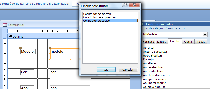 Disciplina: Programação em microinformática - VBA com Word / Excel / Access pág.:40 Obs. Se usarmos o assistente para criação de formulário, esses passos serão feitos automaticamente.