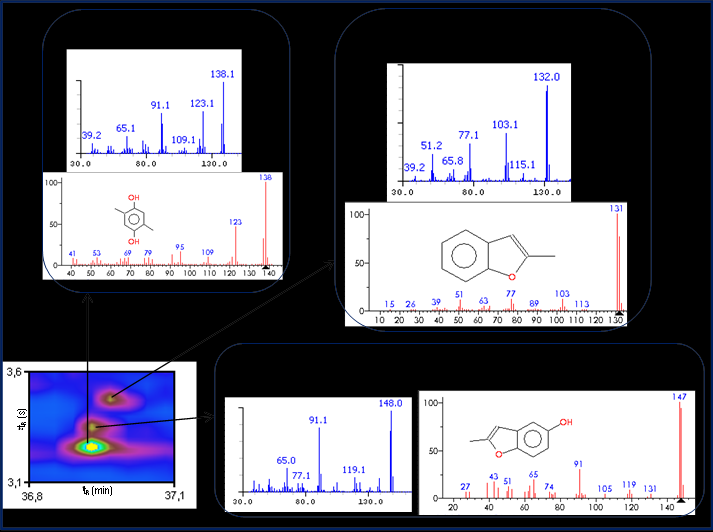 para então serem detectados na análise 2D. Pode-se observar os espectros de massa distintos para as 3 estruturas, o que permite sua identificação de forma inequívoca.