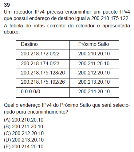 Finep e Petrobras 2011 Rotas possuem métricas. Uma rota mais restrita possui melhor métrica para um destino. A primeira rota (200.218.172.0/22) dá o range: 200.218.172.1 a 200.218.175.
