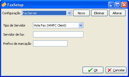 Abrindo as propriedades deste tipo de impressoras, pode configurar o tipo de servidor de fax a usar: MicroSoft Fax Service HylaFax MicroSoft Fax Service: No caso de não possuir o FaxServer do Windows