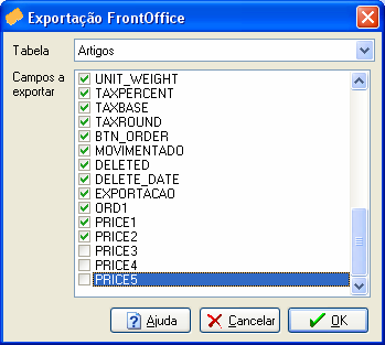 5.10.6. Exportação FrontOffice Quando está a ser usado o formato de exportação XML, o utilizador pode definir quais os campos a exportar, para cada uma das tabelas.