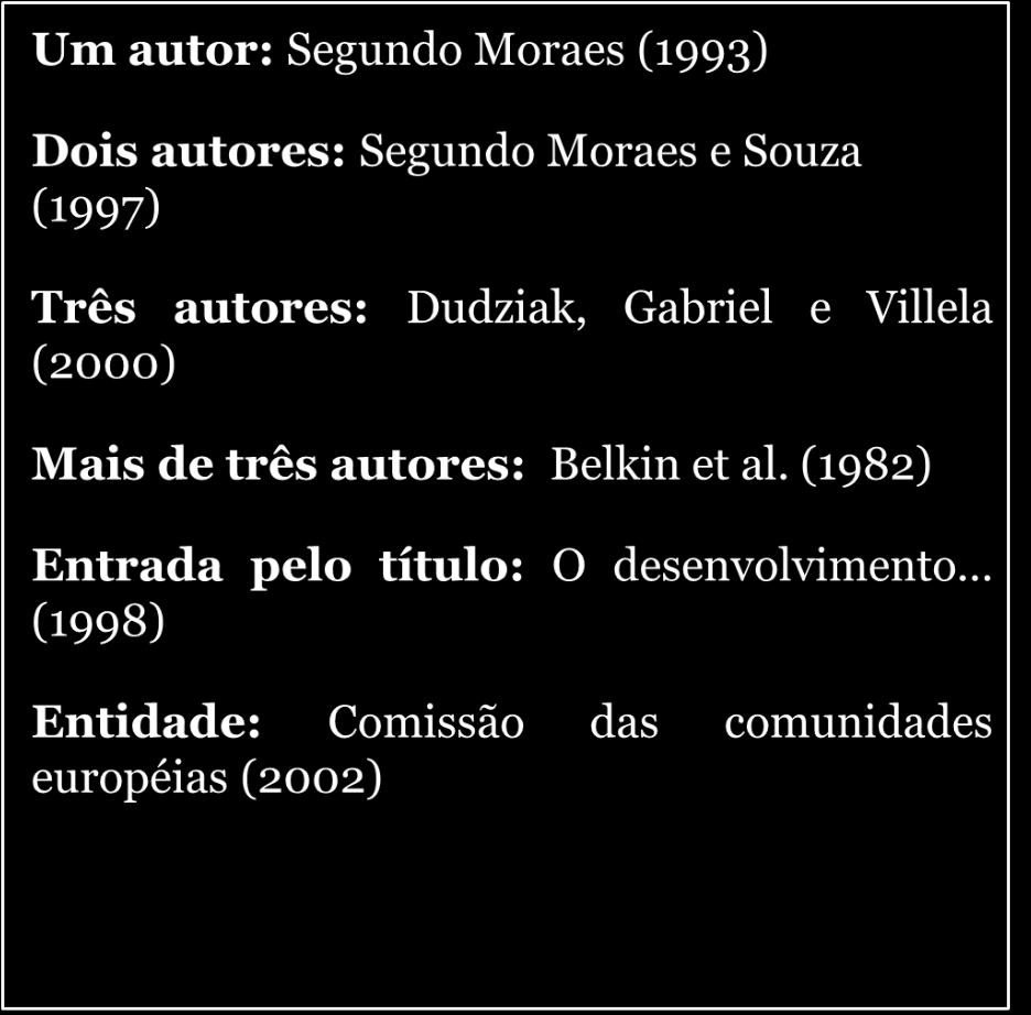 68 REGRAS GERAIS Um autor: Segundo Moraes (1993) Dois autores: Segundo Moraes e Souza (1997) Três autores: Dudziak, Gabriel e Villela (2000) Mais de três autores: Belkin et al.
